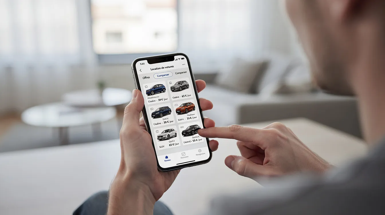 Une personne compare des offres de location de voiture sur son smartphone.