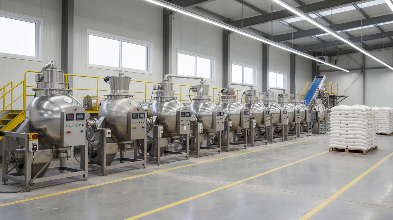 The image depicts an industrial rice milling machinery line within a modern processing factory, showcasing various machines used in the rice milling process, including paddy separators and polishing machines. The setup highlights the efficient production of high-quality rice, including brown rice and white rice, as well as the removal of husk and bran layers during the processing of raw paddy.