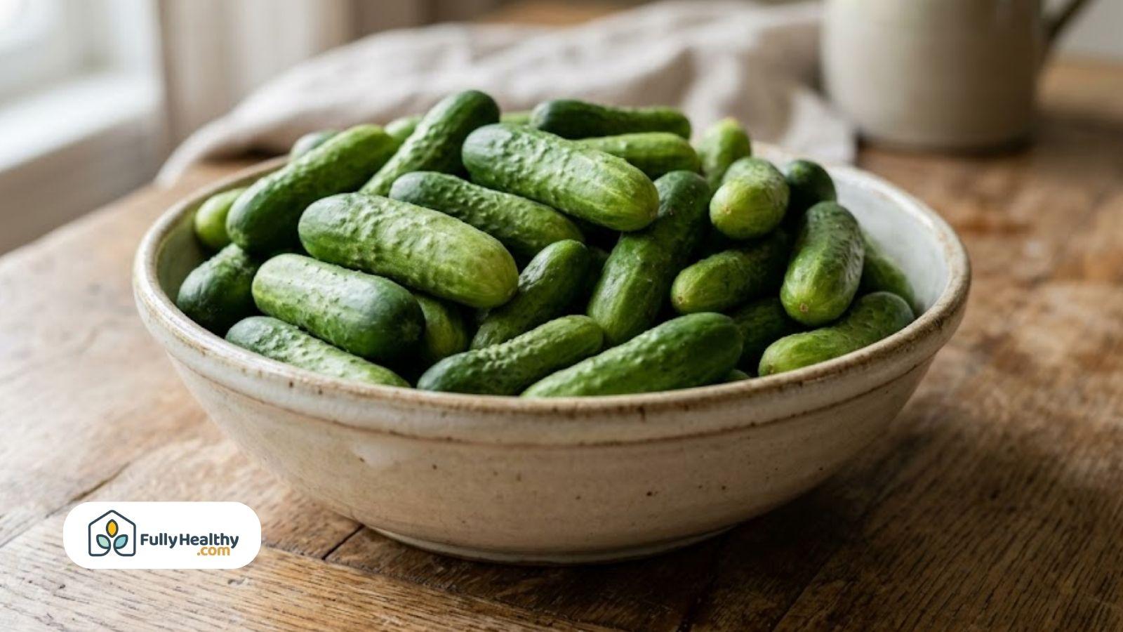 Bowl filled with fresh mini cucumbers on a kitchen table.