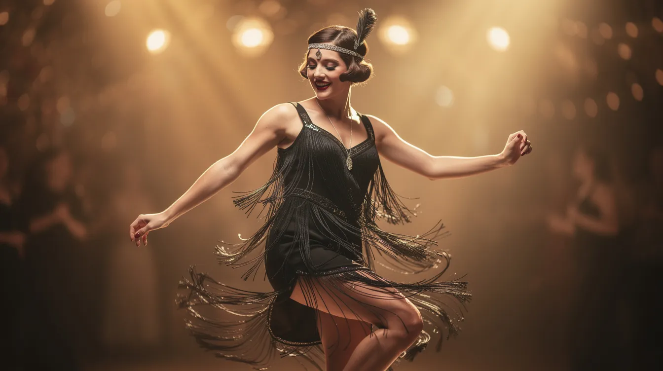 Eine Frau tanzt in einem eleganten schwarzen Fransenkleid im Stil der 1920er Jahre, während sie von einem warmen, goldenen Licht umgeben ist. Das Outfit strahlt den glamourösen Charme der 20er Jahre aus und hebt die Bewegungen der Dame hervor.
