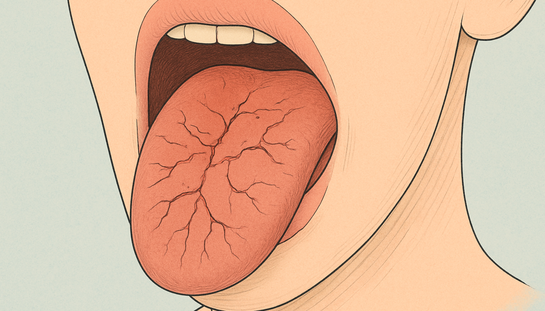 Sprekker i tungen: Vanlig, men verdt å følge med på 10 Tunge med dype sprekker og furer som vises tydelig i en illustrasjon av åpen munn.