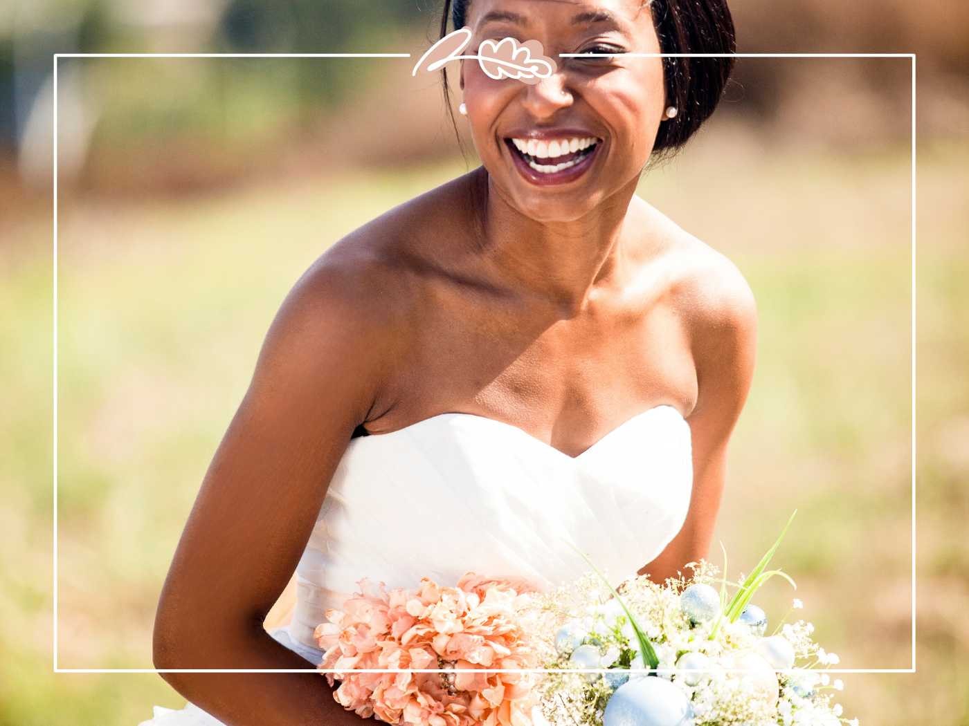 A radiant bride laughing joyfully, holding a bouquet of peach and white flowers, creating a perfect wedding moment. Fabulous Flowers and Gifts.