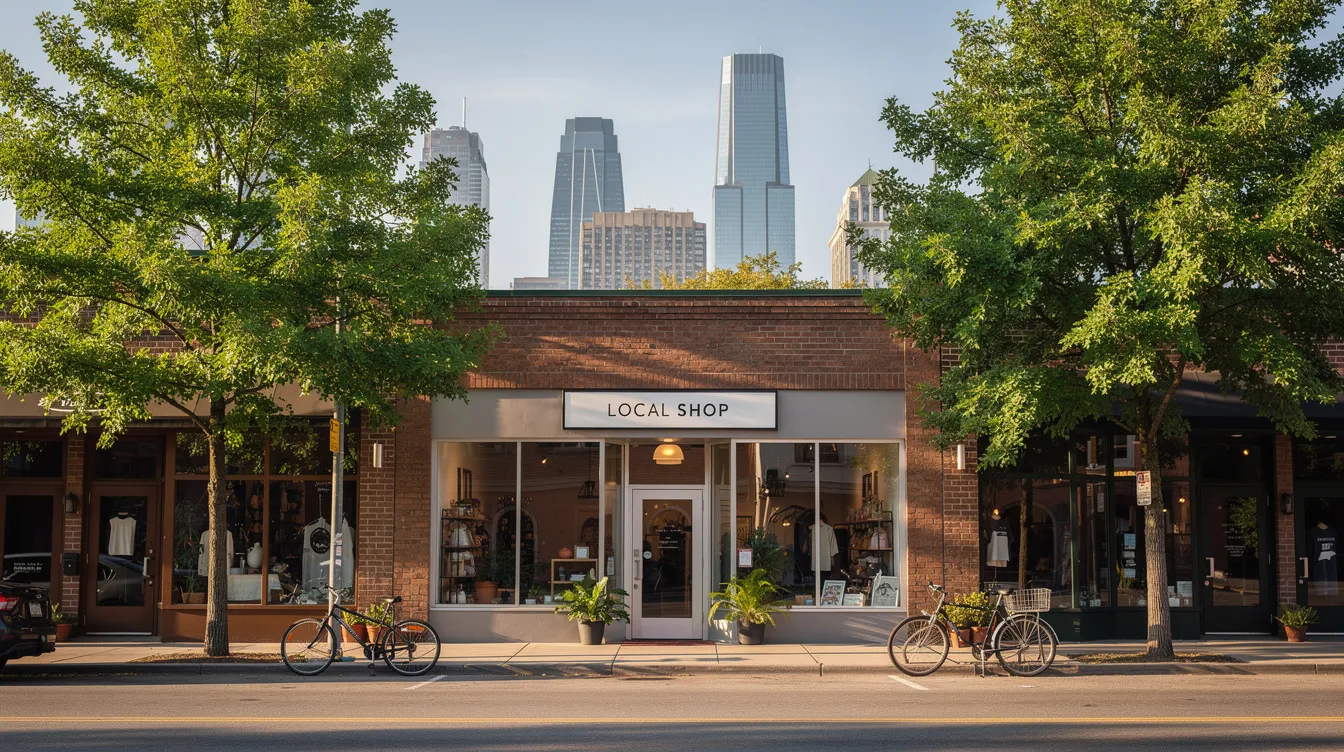 The image depicts a charming small business storefront nestled on a tree-lined street, with a modern city skyline in the background, illustrating the vibrant environment where many small business entities thrive. This setting reflects the importance of local governments and corporate law in supporting the success and growth of such businesses.