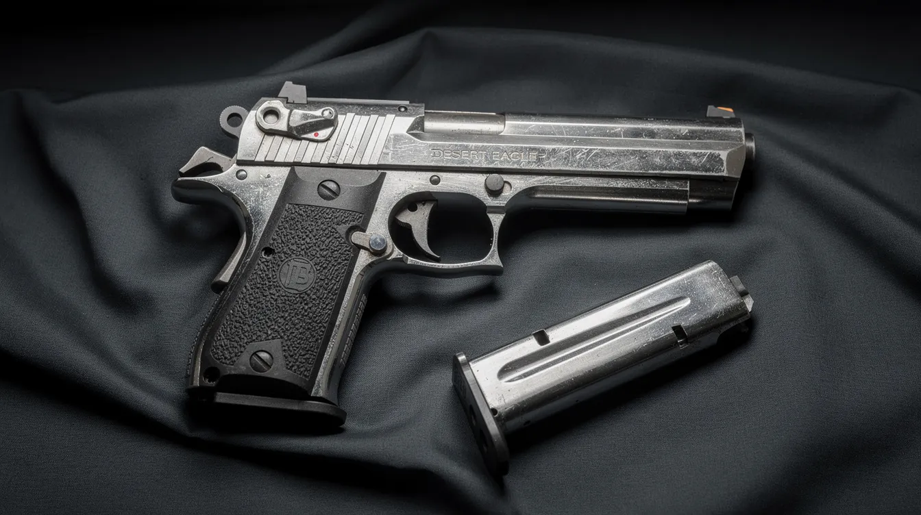A large chrome Desert Eagle airsoft pistol is prominently displayed on a dark fabric surface, accompanied by a spare magazine. This gas-powered airsoft pistol features a full metal construction, offering realistic handling and consistent performance for airsoft players.