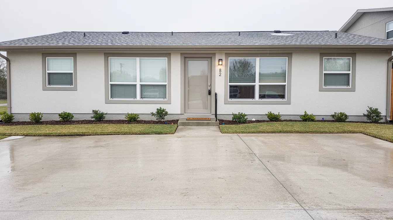 The image depicts an empty apartment interior with clean walls and floors, while the driveway outside is clear, indicating successful junk removal and bulk trash pickup. This space is now ready for new tenants, with no hazardous materials or bulky waste remaining.