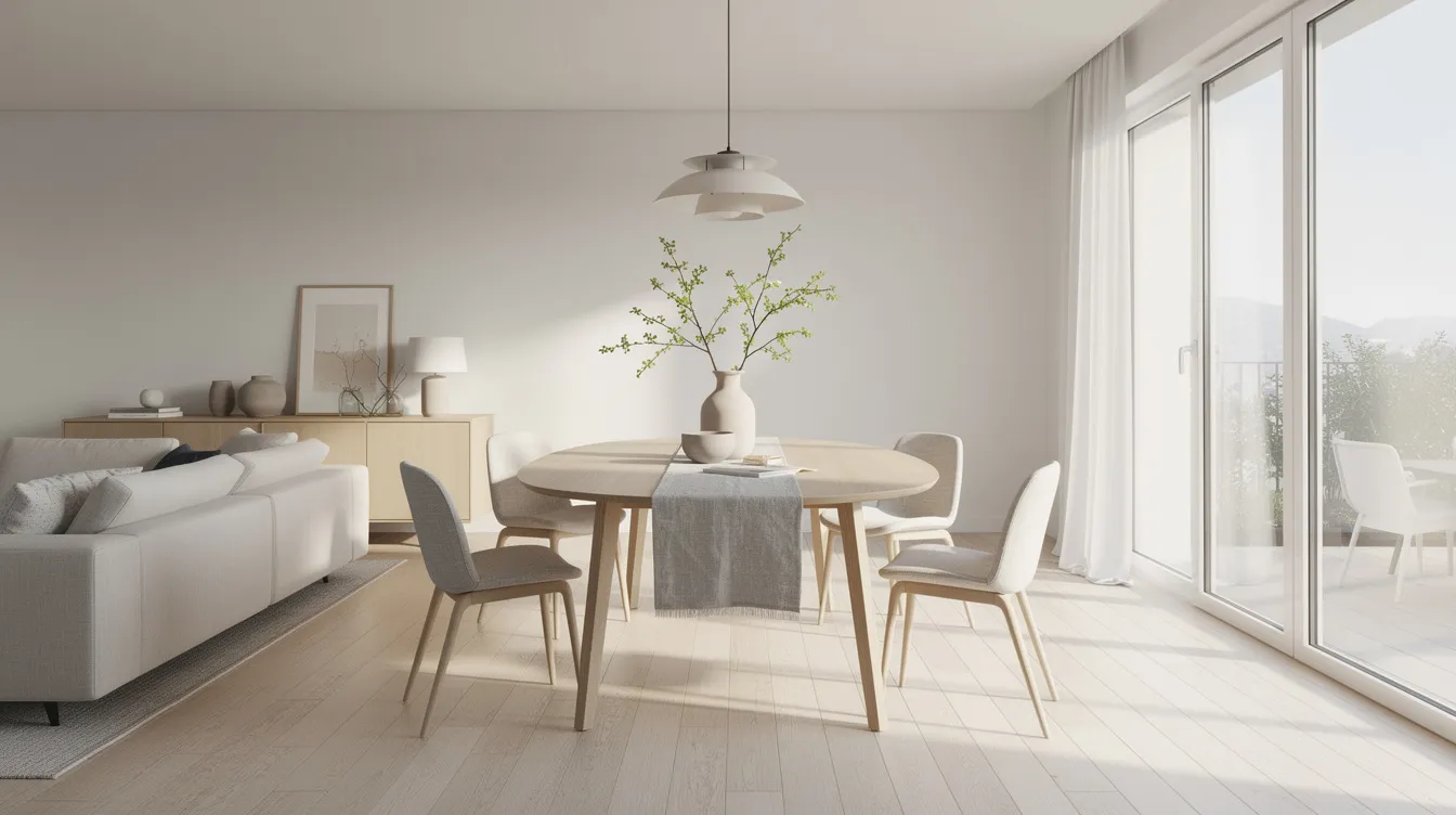 Ett runt matbord i massiv ek står centralt i ett ljust skandinaviskt vardagsrum, omgiven av stora fönster som släpper in mycket naturligt ljus. Bordet har iläggsskivor som gör det möjligt att skapa extra plats för gäster.