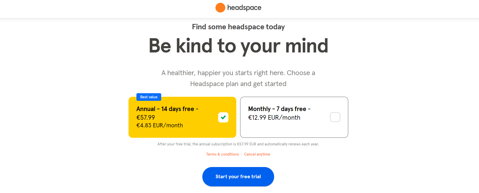 Headspace Annual Subscription Plan