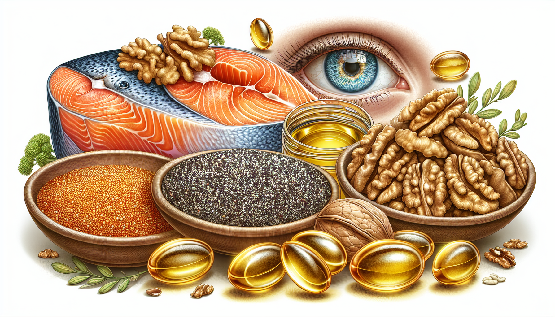 Illustration of fish oil capsules and omega-3 rich foods