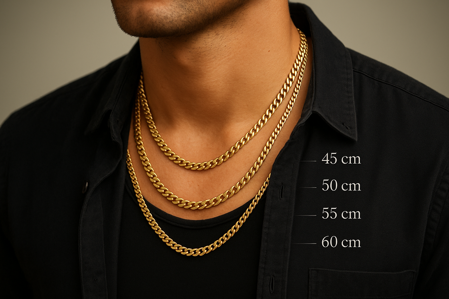 Vyriškos auksines grandinėles ant kaklo. Šalia jų pažymėti ilgiai centimetrais – 50 cm, 55 cm, 60 cm. Fone matomas juodas marškinėlių ir marškinių fragmentas.