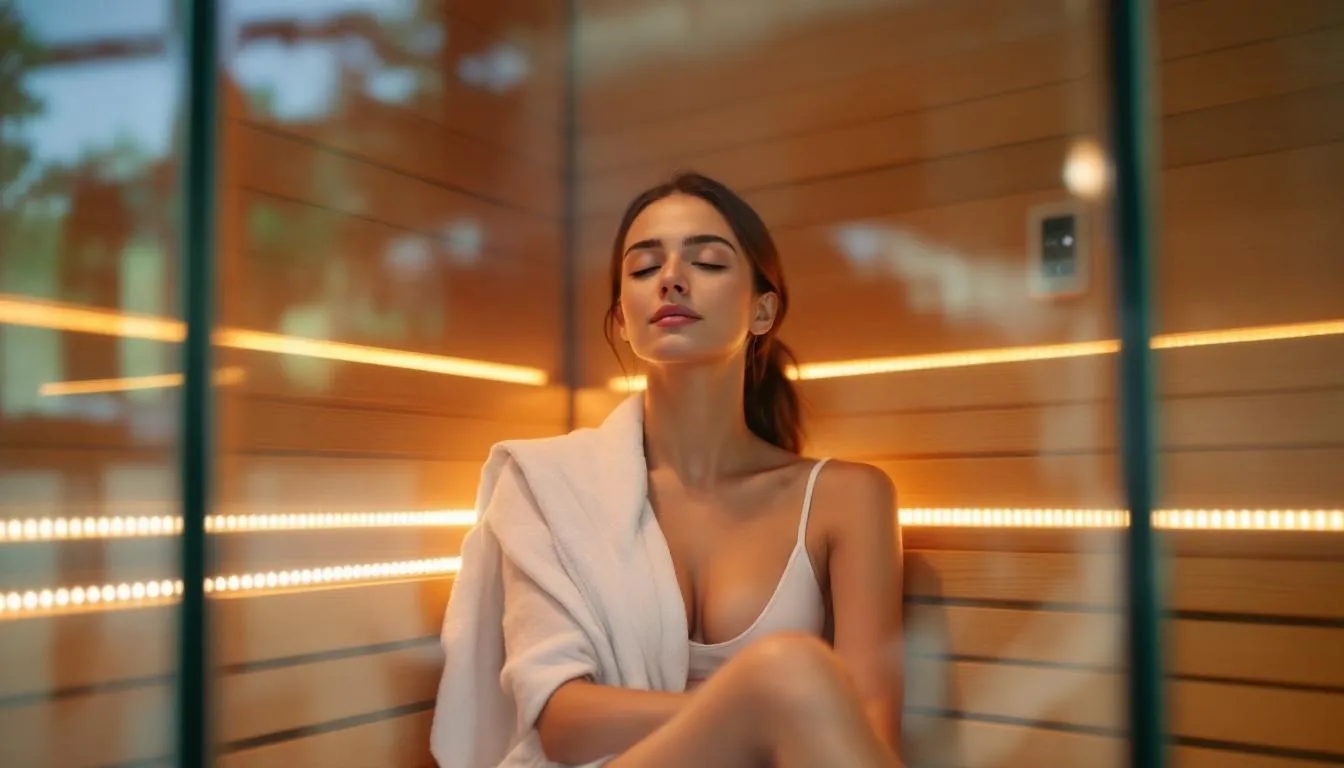 A person is sitting comfortably inside a modern infrared sauna, surrounded by warm, glowing panels that gently raise their core body temperature. This sauna session promotes muscle relaxation and various health benefits, contributing to better sleep quality and restful nights.