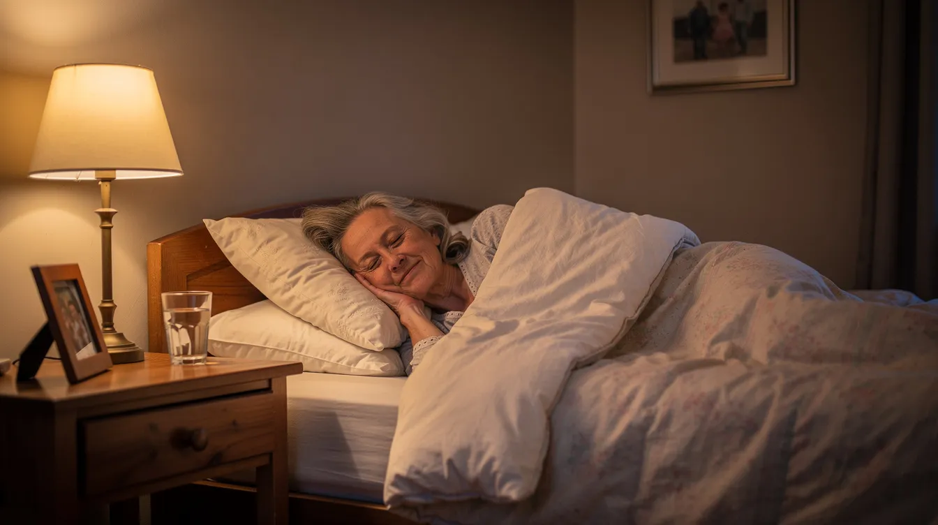 An elderly person is sleeping peacefully in a cozy bedroom, illuminated by soft lighting, suggesting a serene environment conducive to quality sleep. This scene highlights the importance of healthy sleep habits and restful sleep for older adults, promoting a good night&rsquo;s sleep and overall well-being.