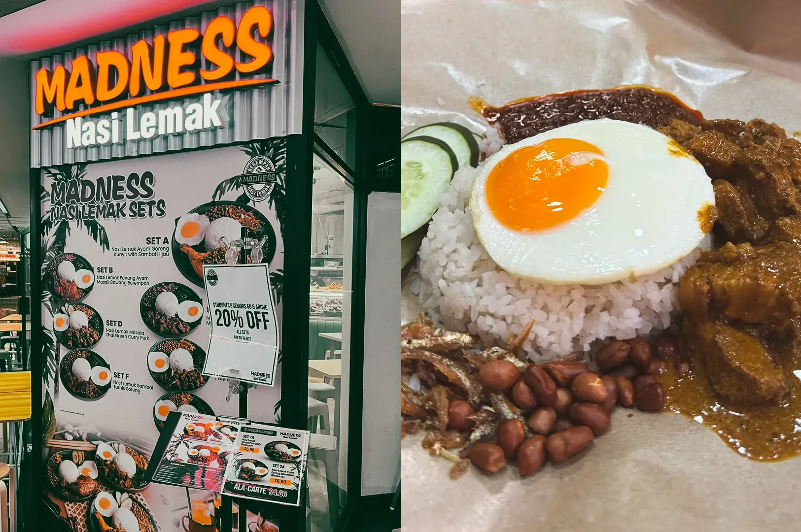 Left: Eye-level close-up of Madness Nasi Lemak stall signage inside Fortune Centre, with bright orange ‘MADNESS Nasi Lemak’ text, menu boards displaying set meals, food photos, and a promotional sign on a stand; Right: Close-up, top-down angle shot of a nasi lemak plate featuring white rice topped with a sunny-side-up egg, sambal, peanuts, anchovies, cucumber slices, and curry with visible sauce, emphasizing contrasting textures and vibrant colors.