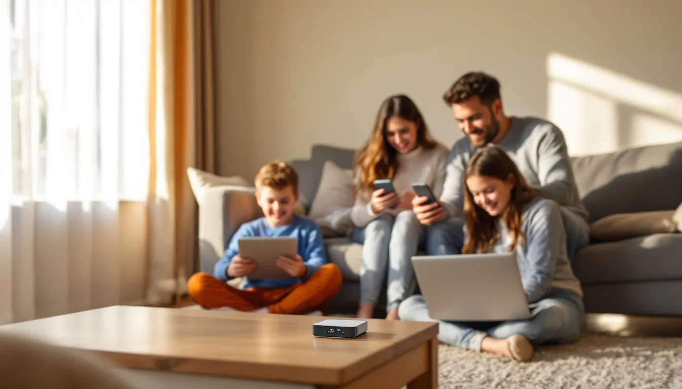 A family is gathered around a mobile hotspot device, each using different devices such as smartphones, tablets, and laptops to access high-speed internet. The scene highlights the convenience of mobile hotspot data, allowing multiple devices to stay connected seamlessly.