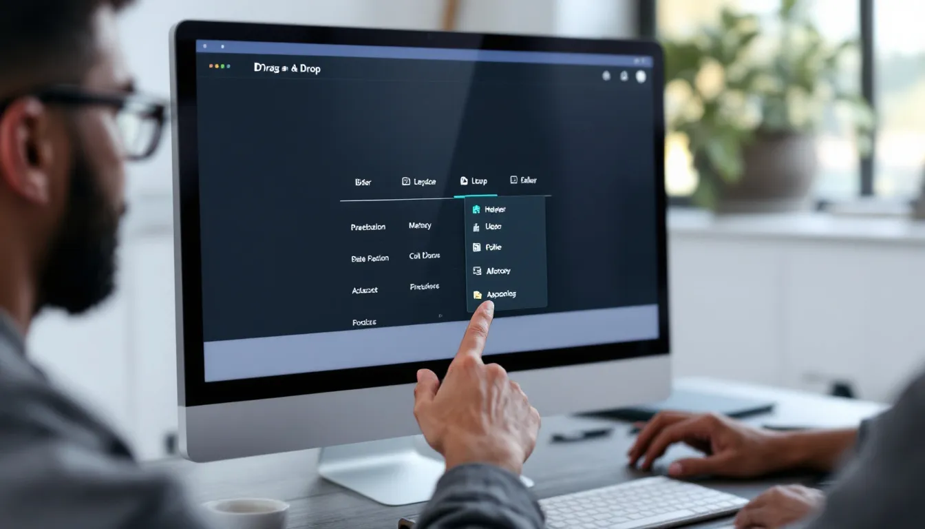 A person is pointing at a computer screen that displays a simple drag-and-drop interface, likely used for data integration and data engineering tasks in platforms like Azure Data Factory. This graphical user interface allows users to visually maintain data pipelines and map data flows, facilitating scalable data transformation and processing of both structured and unstructured data.