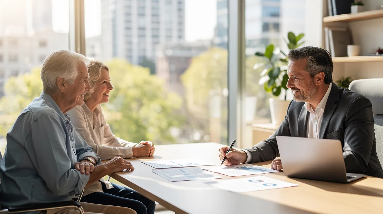 A retired couple is seated at a table in a bright office, reviewing financial documents with a tax advisor. They appear engaged as they discuss retirement planning strategies, focusing on their retirement income, tax implications, and ways to optimize their retirement savings and tax efficiency.