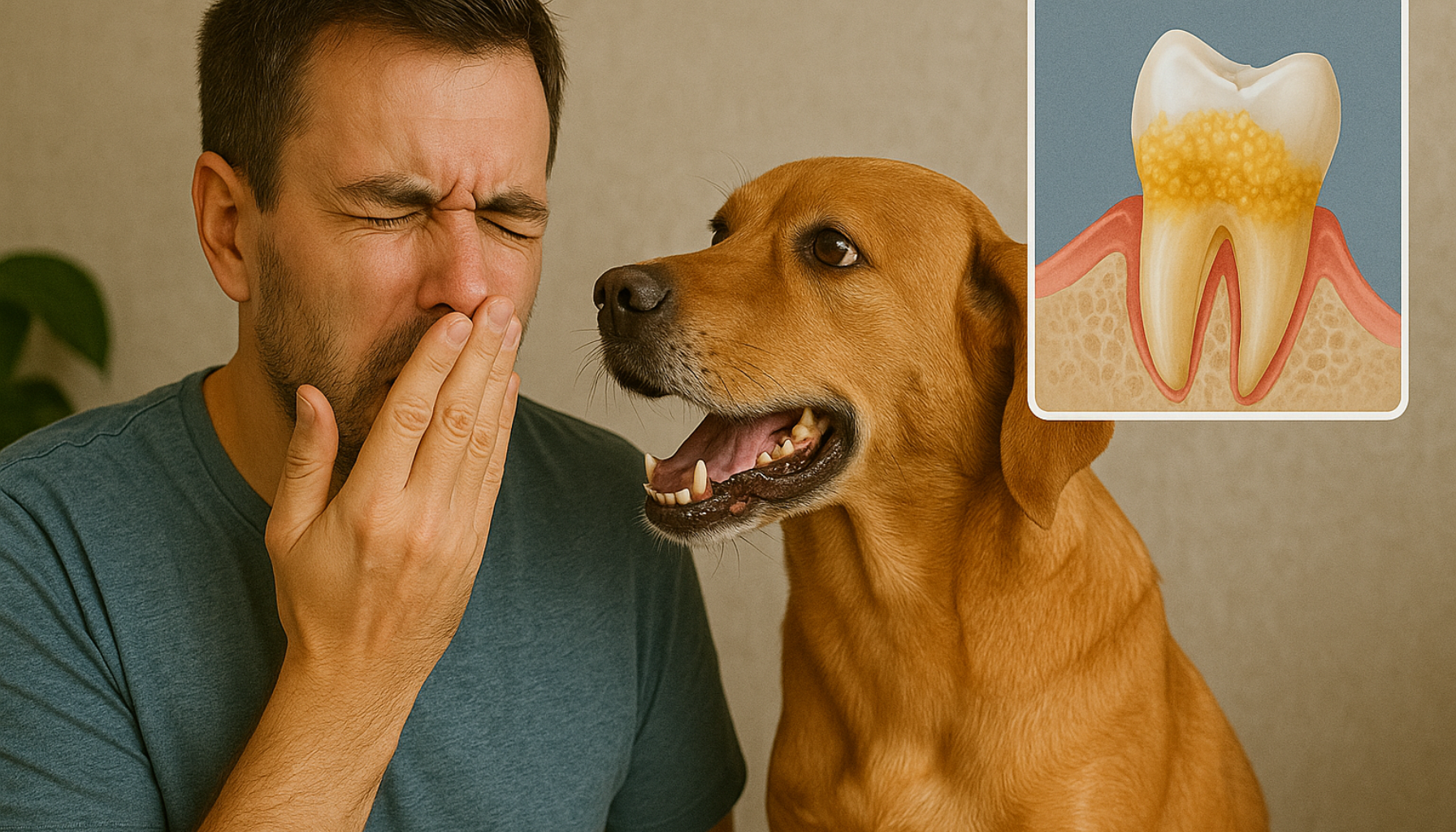 Mann reagerer på dårlig ånde fra hund; ved siden av vises illustrasjon av tannstein.