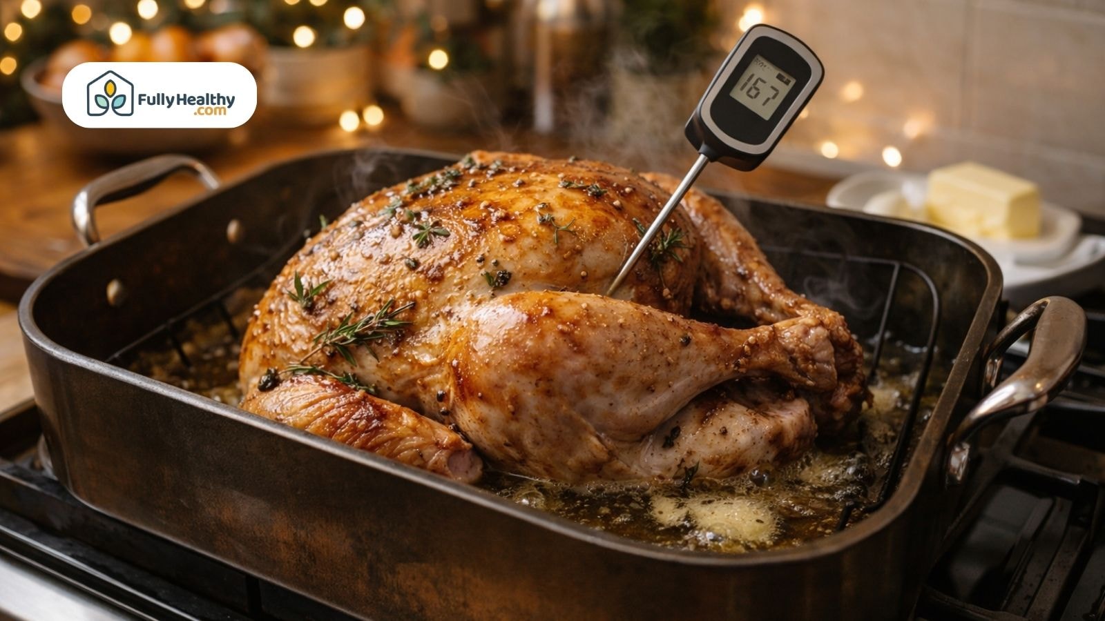 Thanksgiving turkey roasting with butter basting juices and holiday kitchen lights