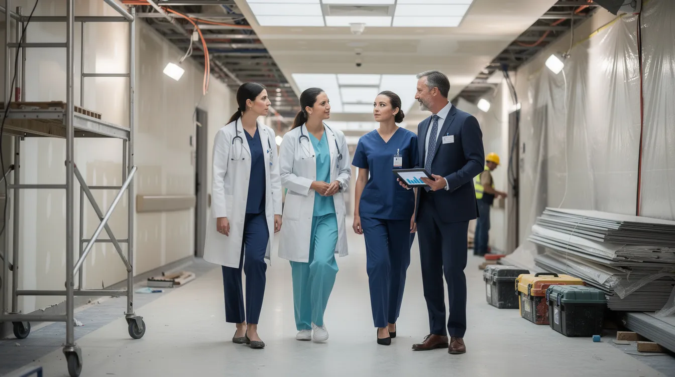 A group of doctors and a financial advisor are walking through a hospital corridor that is currently under construction, discussing plans for hospital expansion and the financial support needed to access funds for advanced medical equipment. The scene highlights the collaboration between healthcare professionals and financial institutions to ensure the development of modern healthcare facilities.