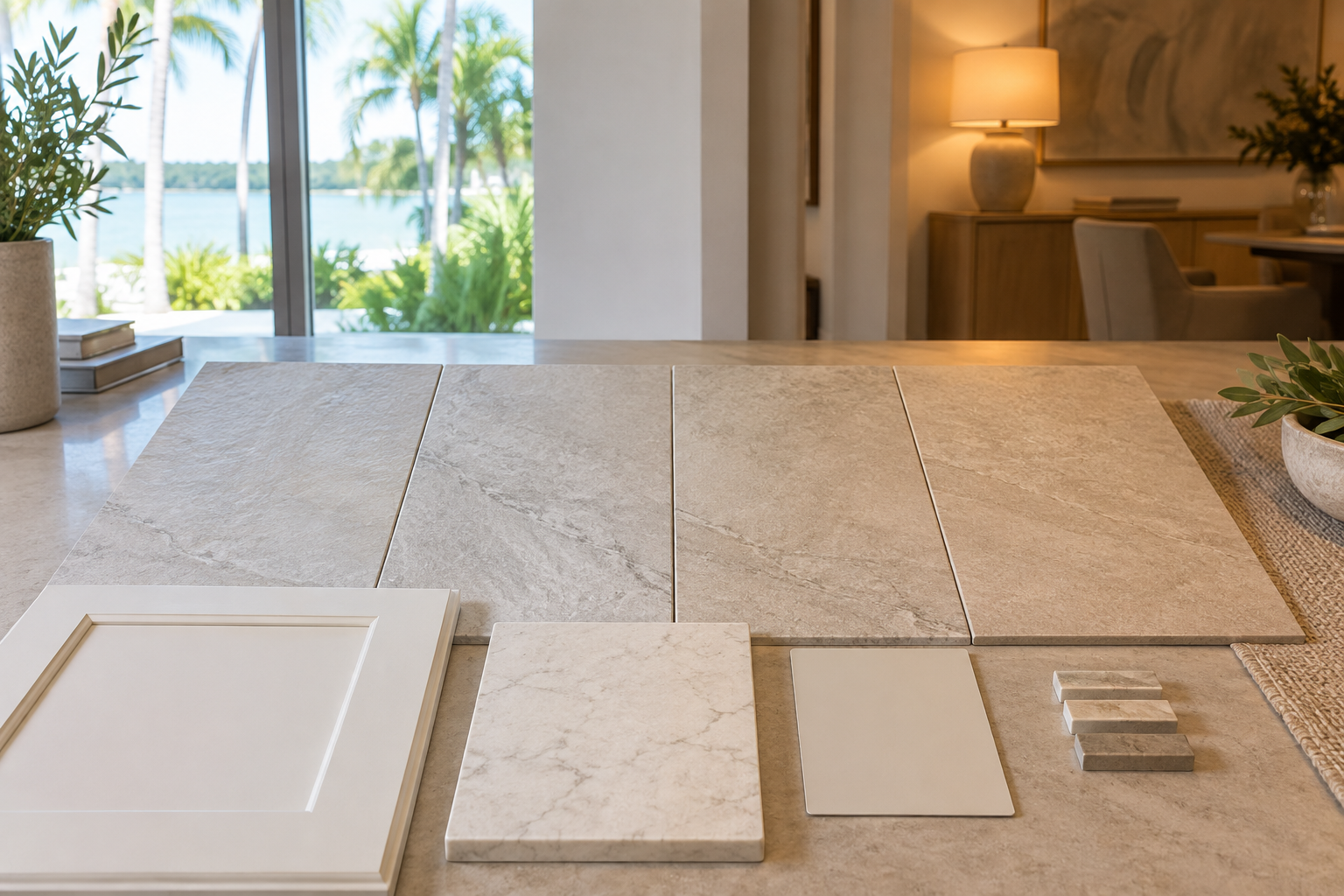 Interior design material board with large-format neutral tile samples, stone, cabinetry, and finish selections.