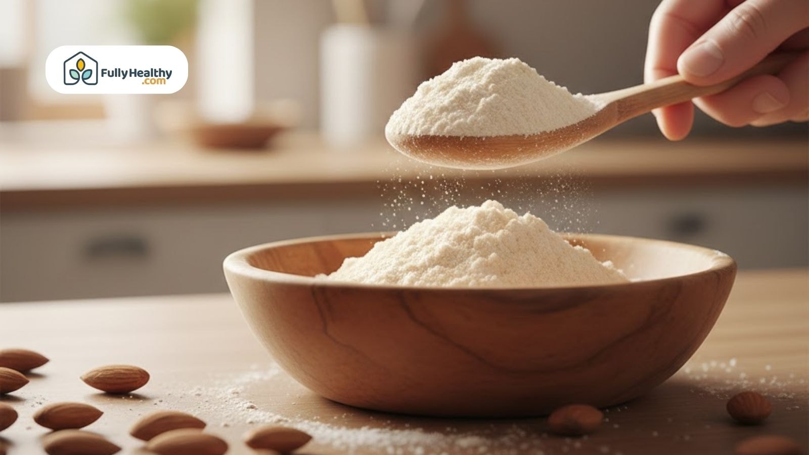 Finely ground almond flour in wooden bowl with whole almonds nearby.