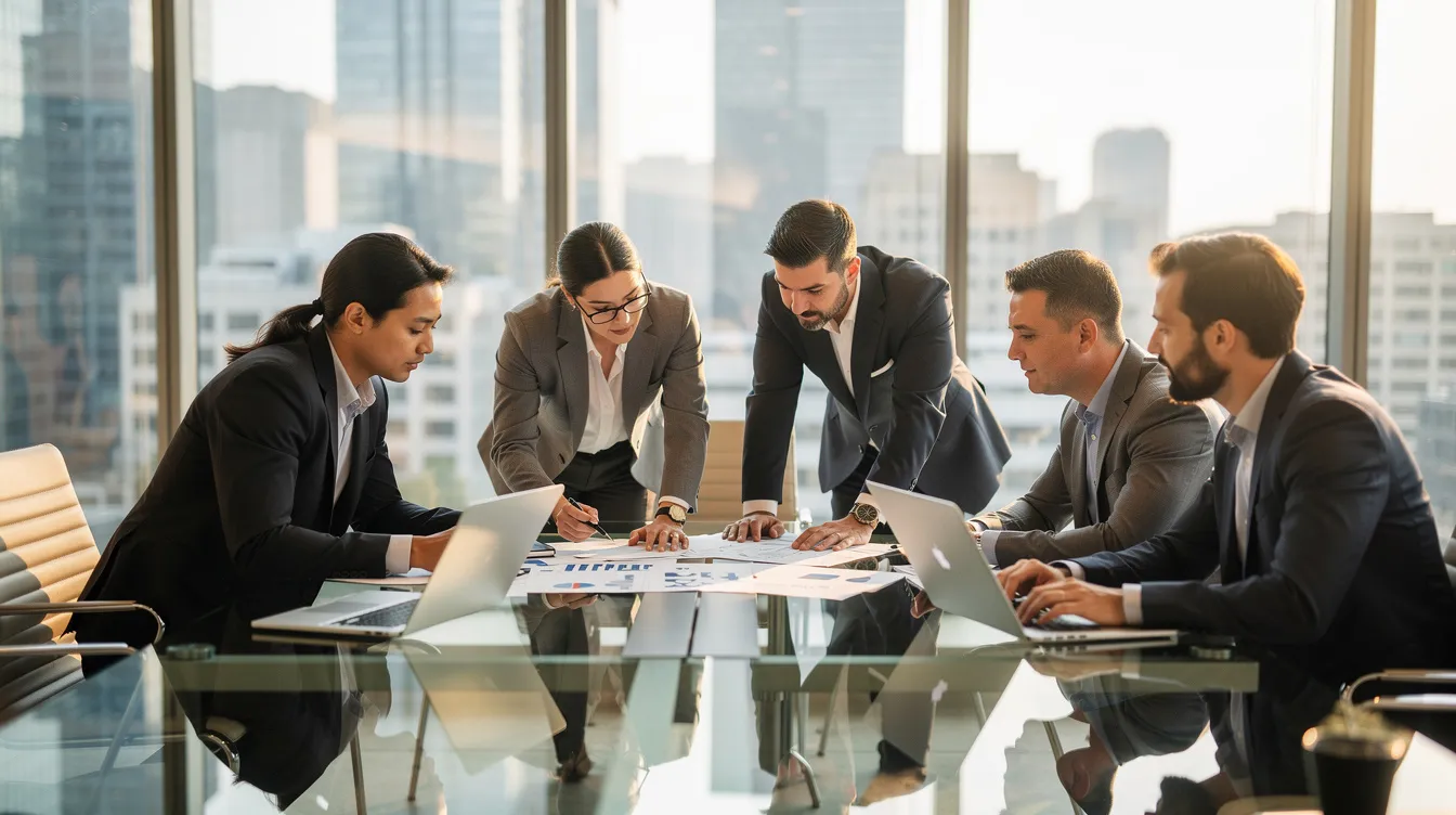 A professional team is gathered around a modern conference table, actively reviewing documents and laptop screens, highlighting their collaboration on compliance training development and workplace safety initiatives. The setting emphasizes a focused work environment where different teams engage in discussions to enhance their core competencies and effectiveness. A professional team is gathered around a modern conference table, actively reviewing documents and laptop screens, highlighting their collaboration on compliance training development and workplace safety initiatives. The setting emphasizes a focused work environment where different teams engage in discussions to enhance their core competencies and effectiveness.