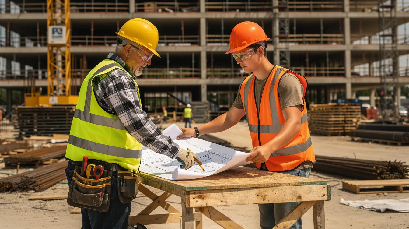 A foreman reviewing plans with a construction worker on a jobsite.