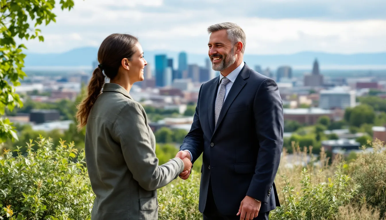 An attorney stands in a scenic outdoor setting, shaking hands with a grateful client, symbolizing the support and legal representation provided by an Aurora criminal defense attorney. This moment highlights the commitment to defending clients facing criminal charges within the criminal justice system.