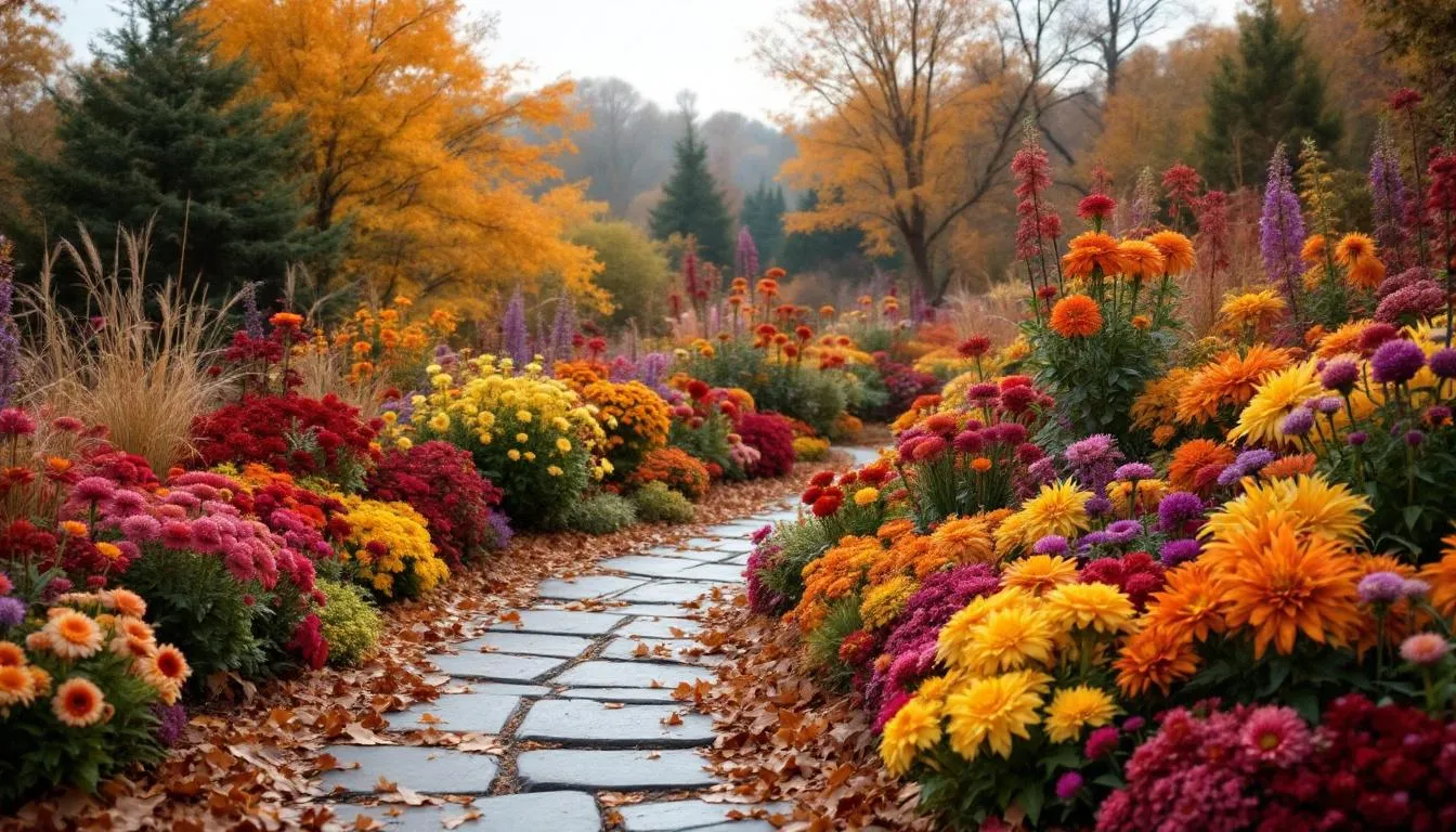 In einem herbstlichen Garten blühen verschiedene bunte Herbstblumen wie Chrysanthemen, Astern und Dahlien in leuchtenden Farben von Rot, Gelb und Pink. Die Blütenpracht dieser Herbstblüher schafft eine fröhliche Stimmung und zieht Insekten an, während das Laub der Bäume in herbstlicher Färbung erstrahlt.