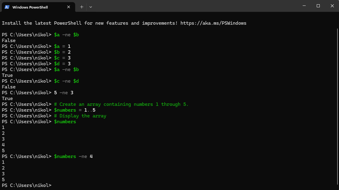 A PowerShell Command Prompt showing the function "$numbers -ne 4"