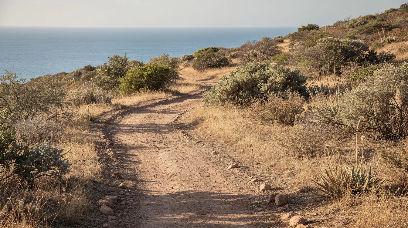 Uma trilha de terra sinuosa se destaca entre a vegetação seca, levando a uma vista deslumbrante do oceano ao fundo, representando a beleza natural do Caribe, especialmente da ilha de Curaçao. Essa paisagem convida os visitantes a explorar as praias e a rica vida marinha da região.