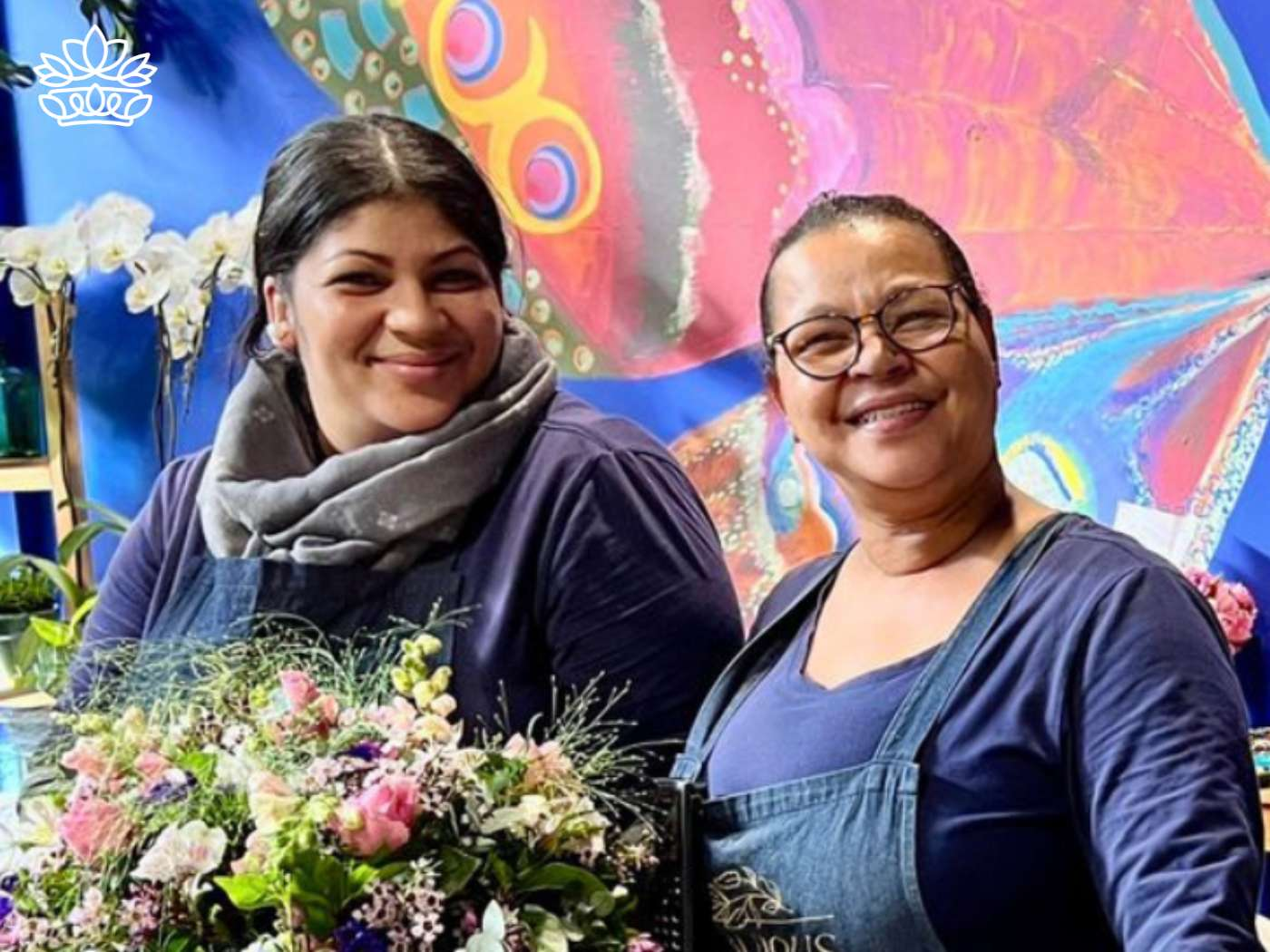 Two smiling florists in aprons, proudly standing by a colourful floral display arrangement, bringing joy and artistry to Fabulous Flowers and Gifts.