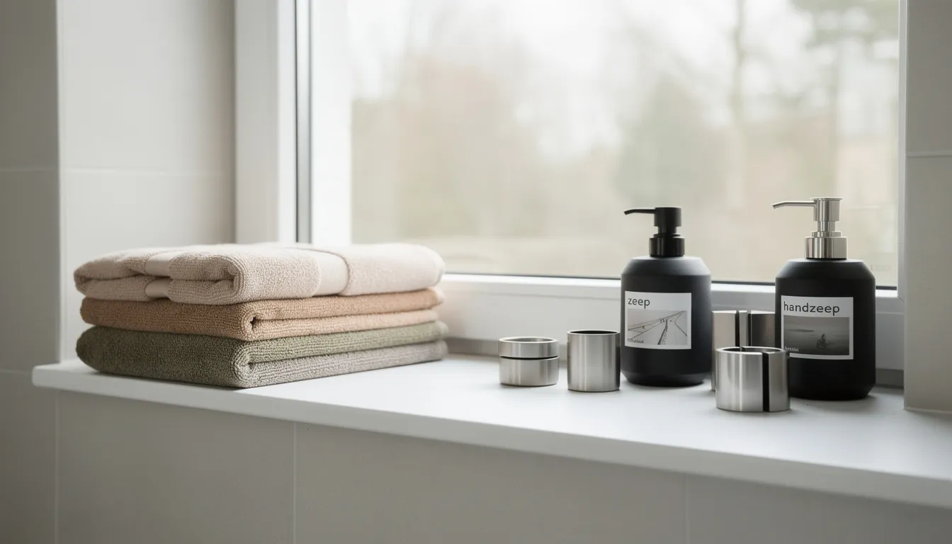 Een moderne badkamer met een brede kunststof vensterbank langs een groot raam, versierd met luxe handdoeken in natuurtinten en stijlvolle designzeephouders. De vensterbank biedt een mooie afwerking en is ideaal voor vochtige ruimtes, waardoor het perfect past in het interieur.