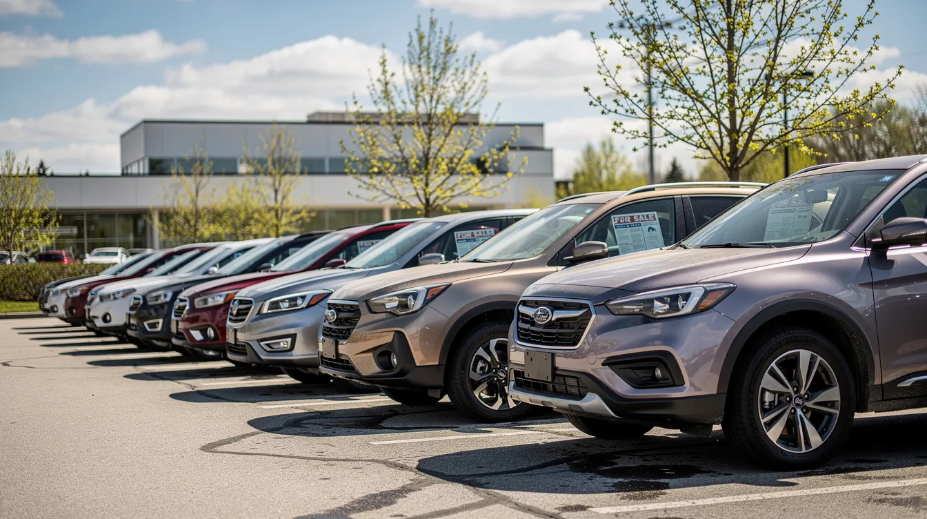 A sunny dealer lot features a row of used SUVs and sedans, with budding trees in the background, showcasing the diverse selection available for those looking to buy a used car. This scene highlights the seasonal trends in the used car market, where shoppers can find competitive prices and potentially save money on their next vehicle purchase.