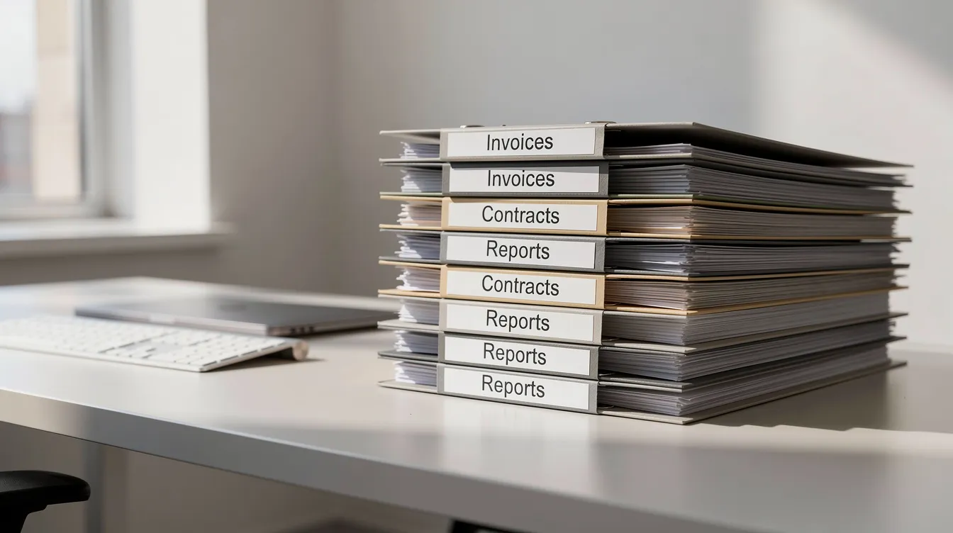 The image features a neatly organized stack of labeled file folders on a clean office desk, showcasing various documents required for personal loans, including bank statements, utility bills, and address proof. Each folder is clearly marked, indicating the contents related to mudra loans and other necessary paperwork for loan applications.