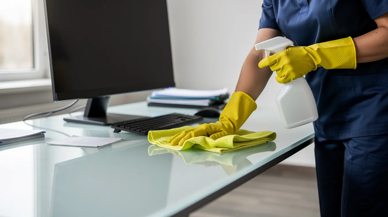 A cleaner is shown from the chest down, diligently wiping an office desk to remove visible dirt and maintain a clean workspace. This scene highlights the importance of professional cleaning services in creating a healthy and organized office environment.