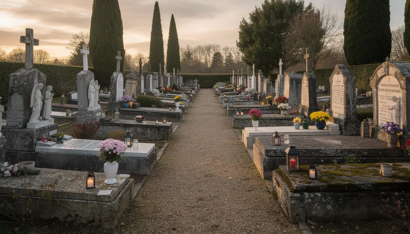 L'image montre un cimetière français traditionnel, avec des allées bordées de tombes ornées de fleurs et de pierres tombales. Ce lieu de mémoire et d'inhumation est un espace de recueillement pour les familles en deuil, où l'on peut rendre hommage aux défunts.