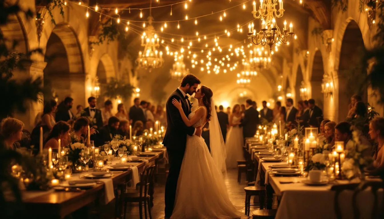 Die romantische Hochzeitsfeier findet in einem historischen Ambiente statt, das von sanftem Kerzenlicht erleuchtet wird. Die liebevoll gestaltete Location bietet einen charmanten Rahmen für eine Traumhochzeit im Rhein-Neckar-Raum.