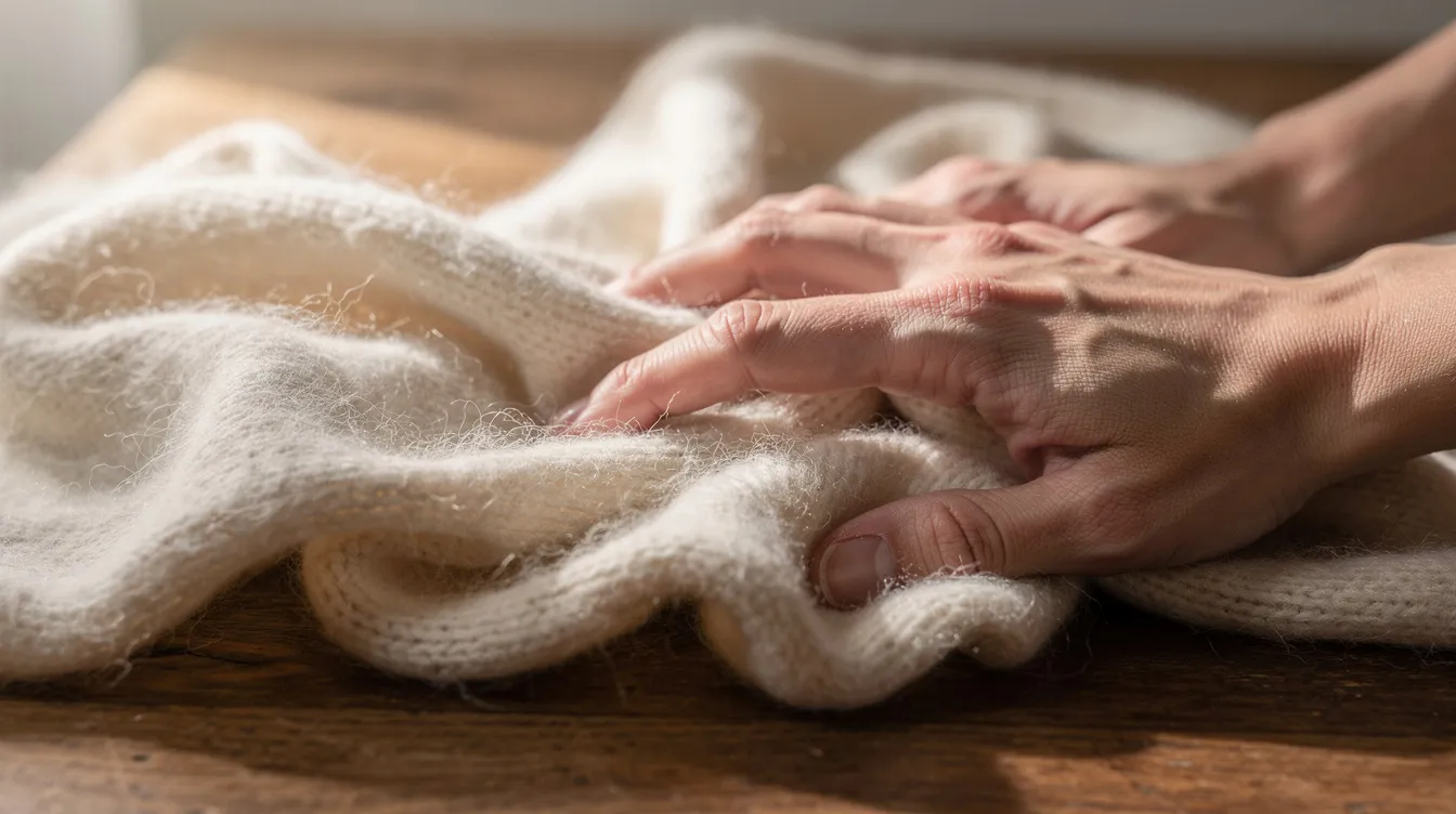 A close-up image captures hands gently feeling the soft texture of cream-colored wool fabric, elegantly draped over a rustic wooden surface, evoking a sense of timeless style reminiscent of classic French fashion. The warm tones and tactile quality suggest a cozy and chic atmosphere, perfect for a Parisian-inspired wardrobe.
