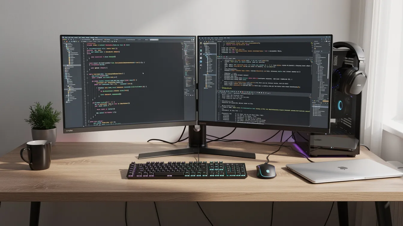A developer workspace with code on two monitors