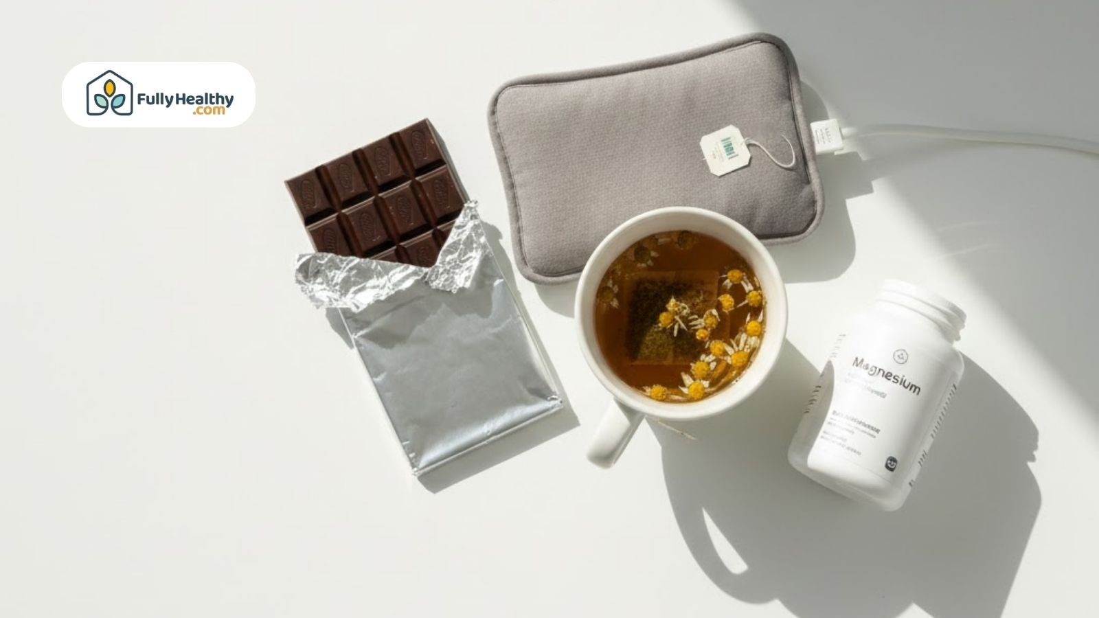 Dark chocolate tea heating pad and magnesium for period relief