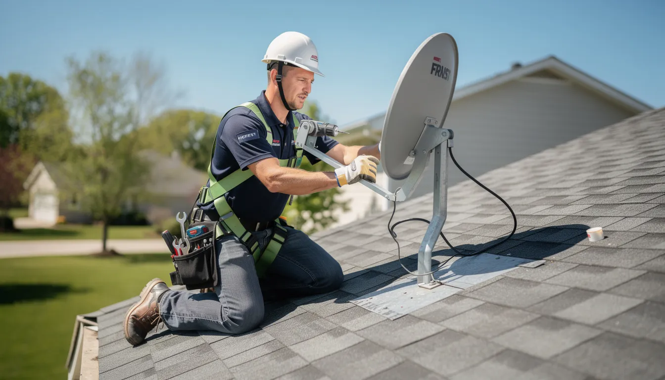 A professional technician is mounting a satellite dish on a residential roof, ensuring proper alignment for the best reception. This service is part of the accredited DSTV installation services offered in Vermont, aimed at providing exceptional customer satisfaction.