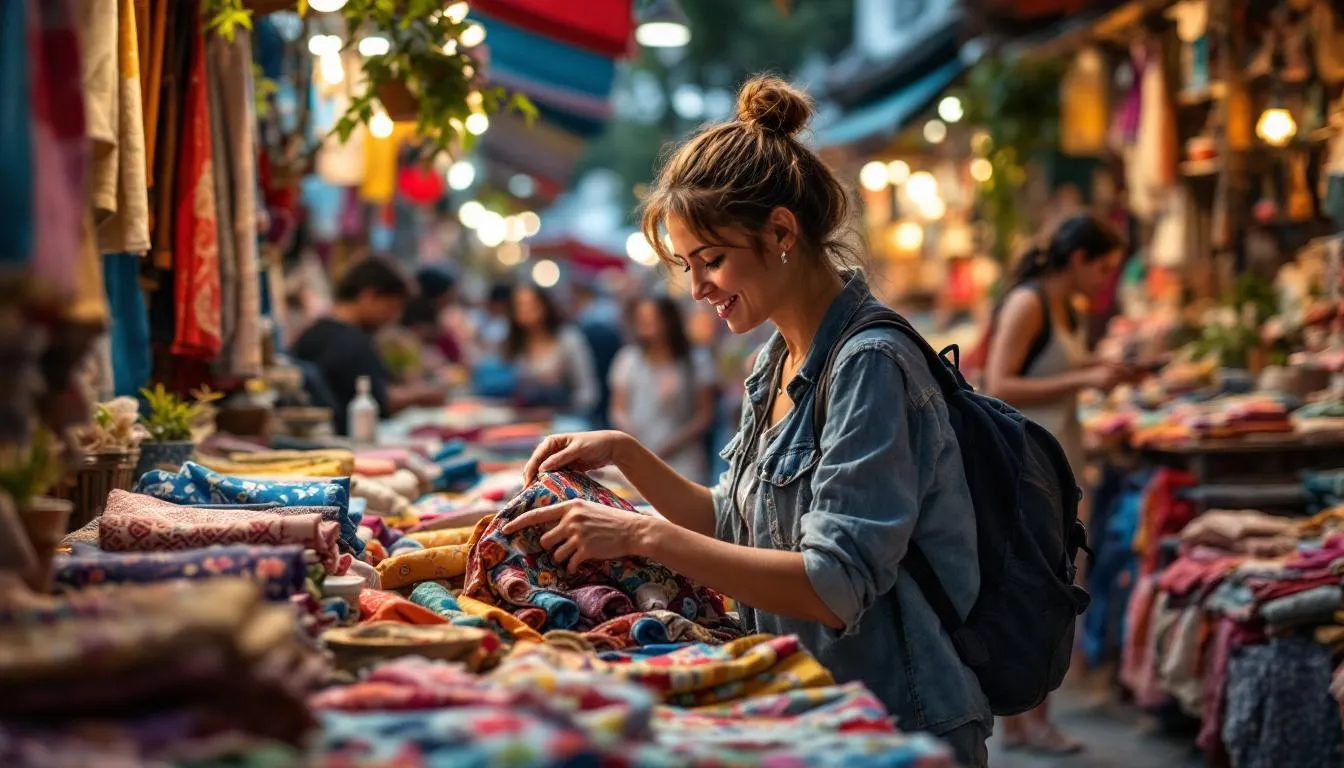 A shopper examining the quality of discount fabrics in a store.