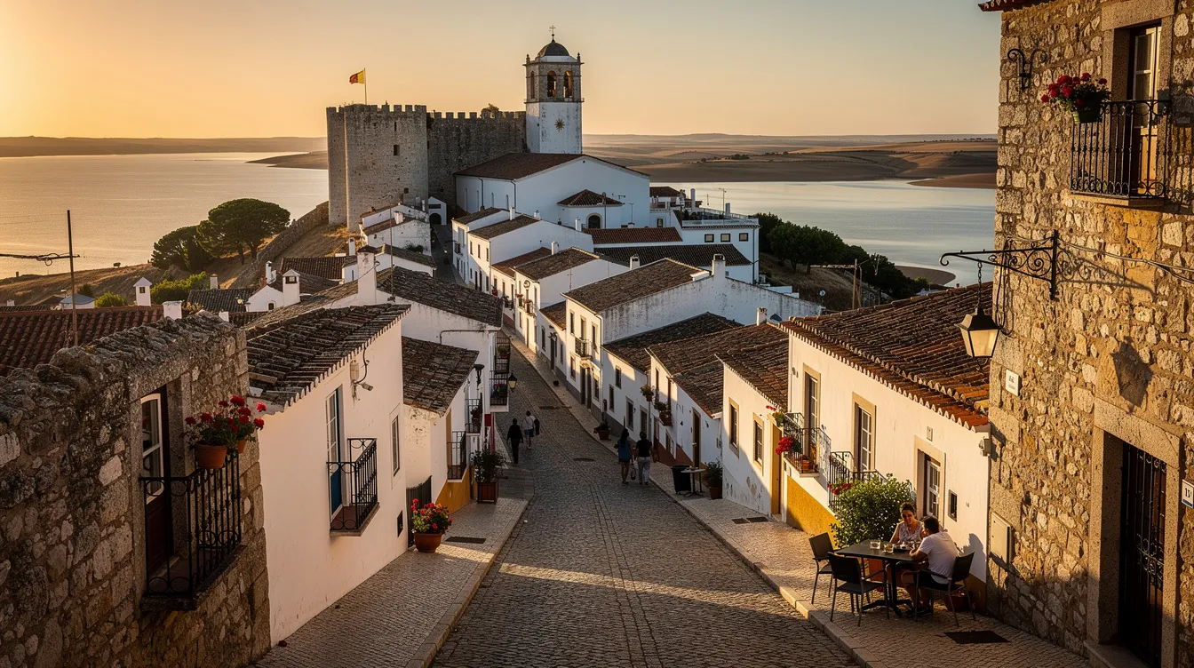 Imagem de Monsaraz, uma vila histórica em Portugal, com suas ruas de paralelepípedos e casas brancas. Ao fundo, destaca-se a imponente muralha e o castelo, que oferecem uma vista panorâmica do Lago Alqueva e das colinas ao redor.