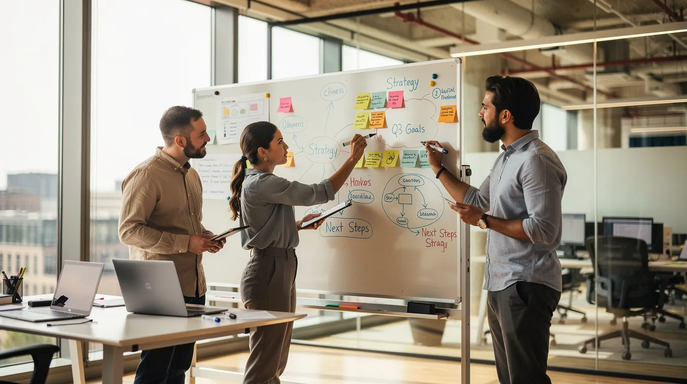 The image depicts a group of colleagues collaborating at a whiteboard in a modern open-plan office, discussing strategies for improving business processes and enhancing customer relationships through enterprise resource planning software. They appear engaged in a productive brainstorming session, highlighting the importance of teamwork in driving operational efficiency and business transformation.