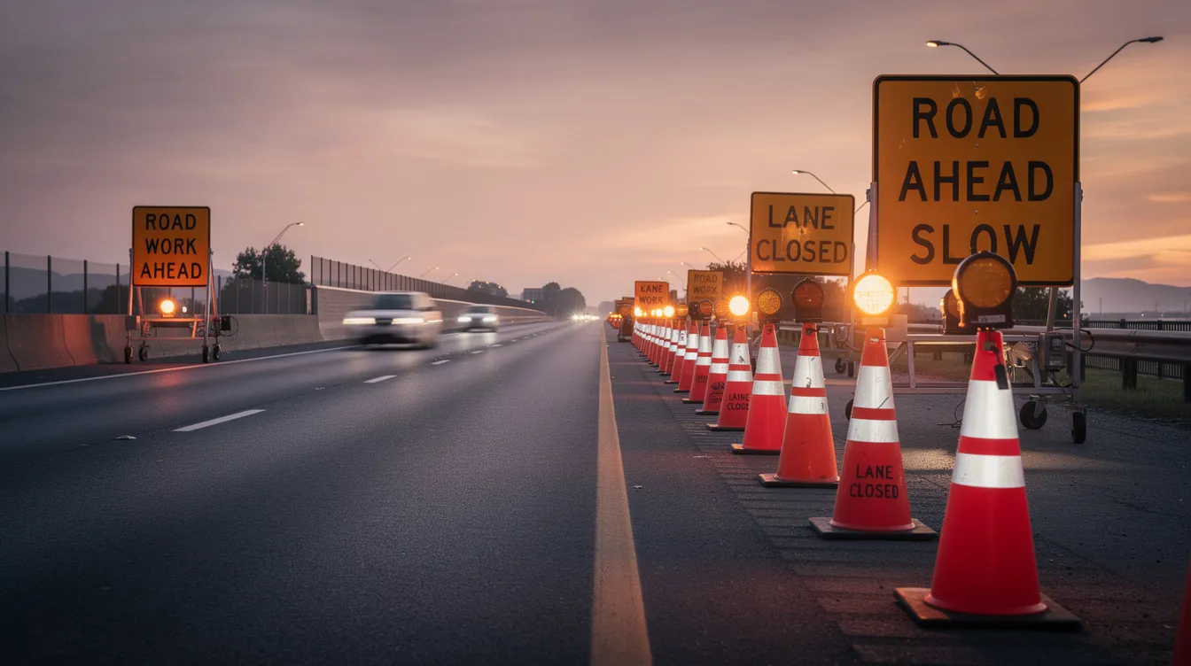The image depicts orange construction cones and warning signs marking a highway work zone at dusk, emphasizing the need for safe driving habits and extra caution in active work zones. Drivers are reminded to obey speed limits, stay focused, and maintain a safe distance to prevent work zone crashes.
