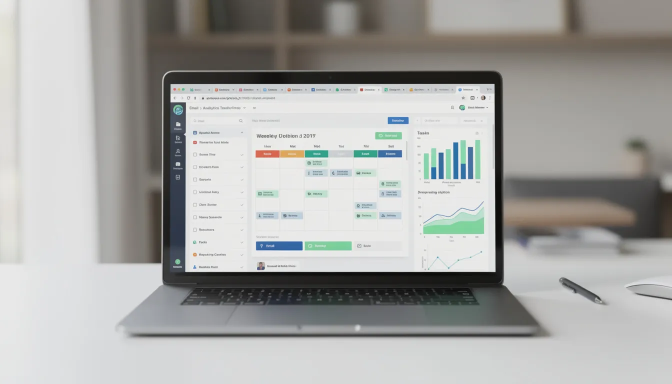 The image depicts a laptop screen displaying a productivity dashboard filled with multiple browser tabs related to content creation, including tools for writing blog posts and managing a blogging workflow. This setup is designed to help users streamline their content marketing efforts and enhance their overall writing process.
