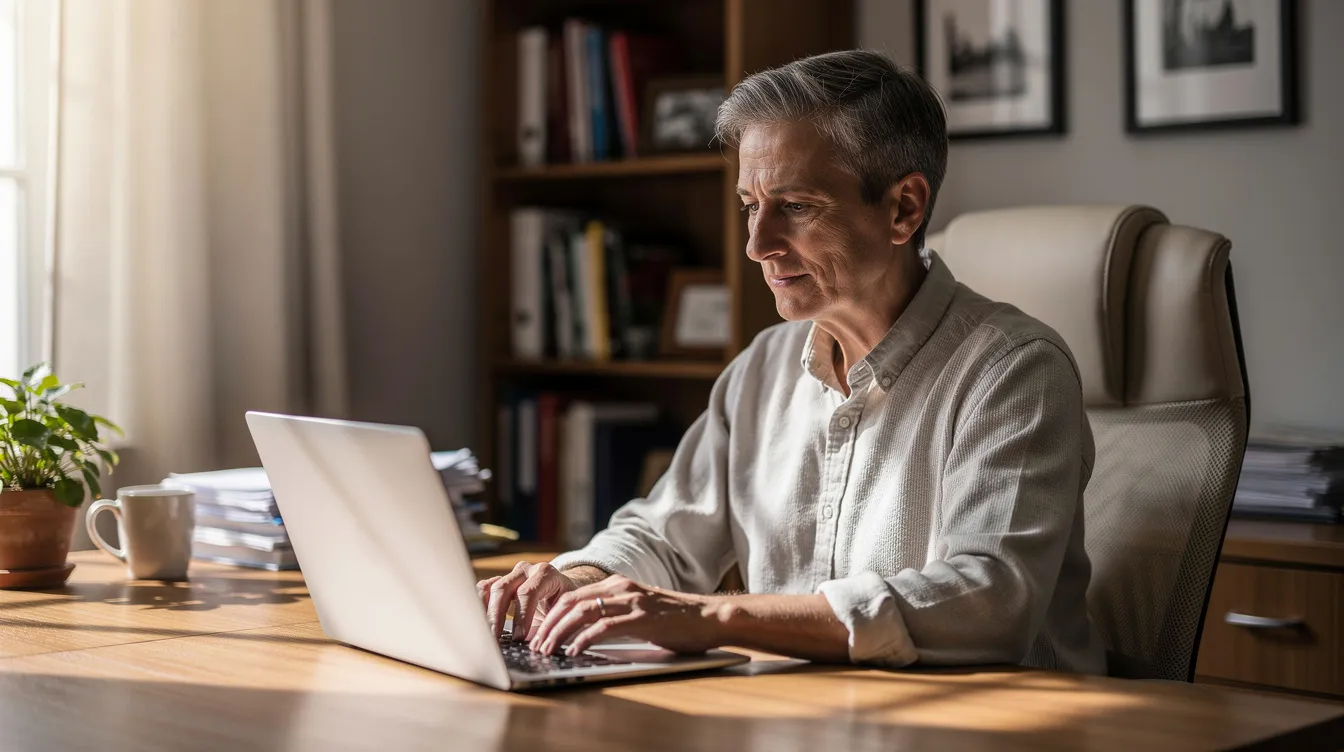 An older adult in their 60s sits at a home office desk, focused on a laptop, symbolizing the importance of financial security and planning for retirement. This scene reflects the commitment to managing life's work and investments, highlighting the role of financial products like life insurance and retirement savings in ensuring peace of mind.