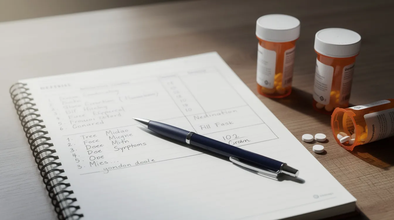 An open notebook sits on a desk beside pill bottles and a pen, indicating that someone is carefully tracking their migraine symptoms and medication. This setup suggests a focus on managing a medical condition that significantly impacts daily life and may be relevant for disability benefits or social security disability claims.