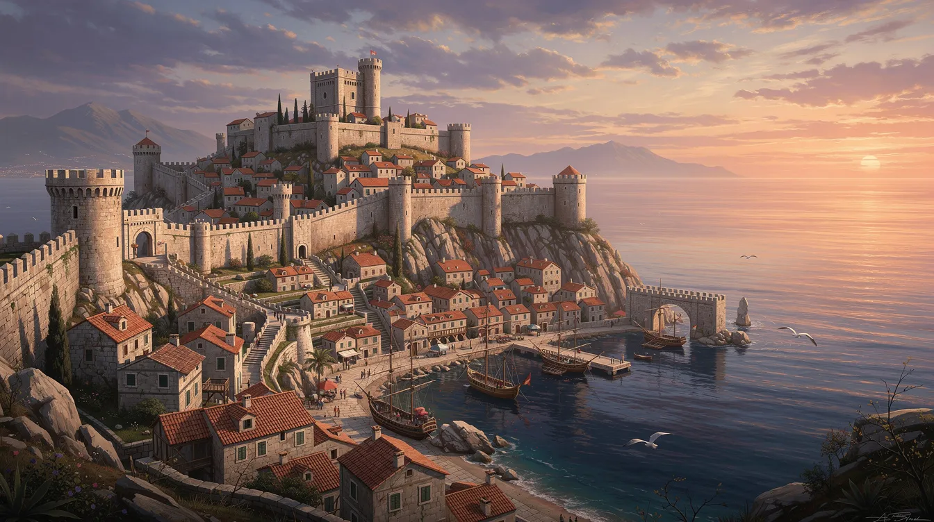 A imagem mostra uma cidade medieval murada com vista para o Mar Adriático durante o pôr do sol, onde as paredes antigas refletem as cores quentes do céu. Esse destino encantador evoca uma atmosfera histórica, ideal para famílias que buscam experiências culturais em suas viagens.