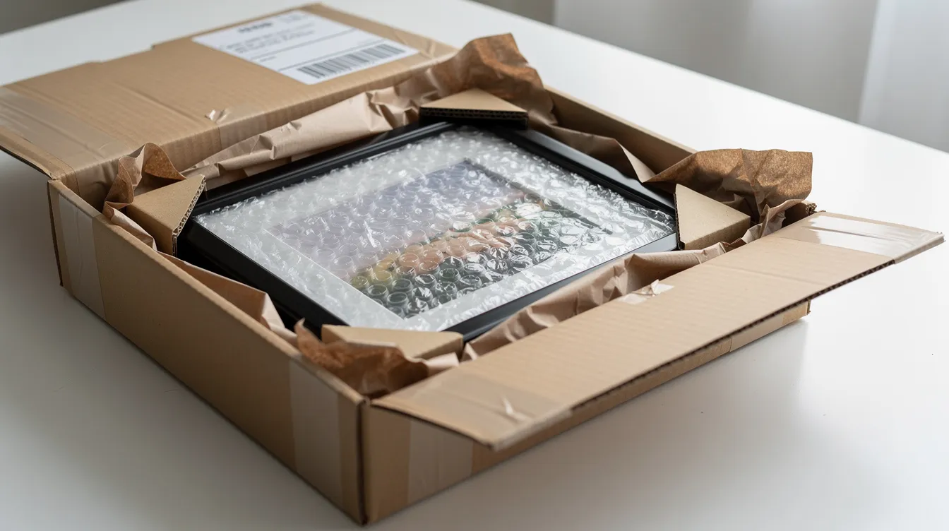 A carefully packaged framed photograph is neatly arranged for delivery, showcasing the high-quality solution of photo printing. This image represents a commitment to ensuring that cherished memories are securely transported to their destination.